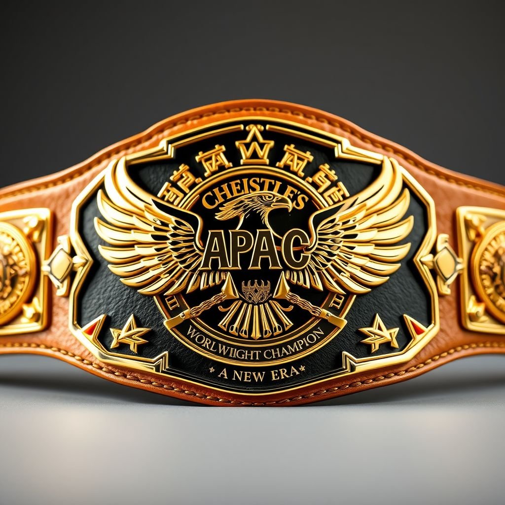 A prestigious wrestling championship belt, gleaming in gold. Luxurious leather, meticulously crafted, wraps around a custom-shaped centerpiece. Bold eagles soar majestically across the belt, symbolizing strength and victory. The design embodies the essence of the APAC World Heavyweight Champion, reflecting a New Era with intricate detailing and championship pride.