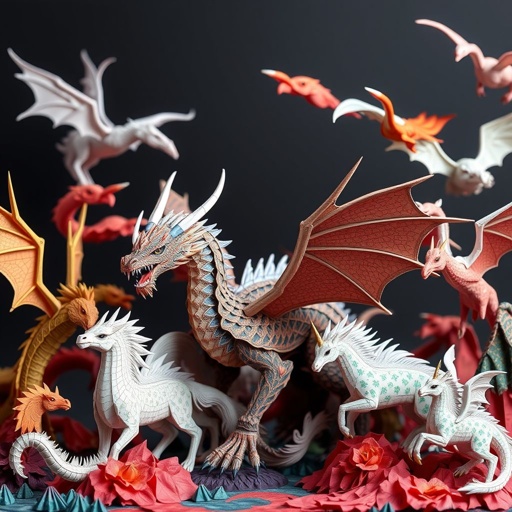 Intricate papercraft models of Cid Kagenou, the Shadow of the Eminence in Shadow. Scrapbooking paper adorned with vibrant colors and detailed patterns. Expertly crafted mythical creatures, towering in size, showcase masterful folds. Elegant design, a parade of dragons, phoenixes, and unicorns, creating a fantastical landscape rich in imagination and depth.