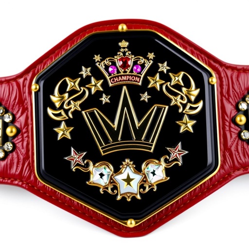A vintage wrestling belt inspired by Hulk Hogan, featuring a rich leather texture. The strap showcases a striking pentagon shape, adorned with a glossy black plate. Gold accents gleam, complemented by a crown champion design. Star crests and vibrant pop art symbols surround sparkling rhinestone gemstones, embodying a bold, legendary aesthetic.