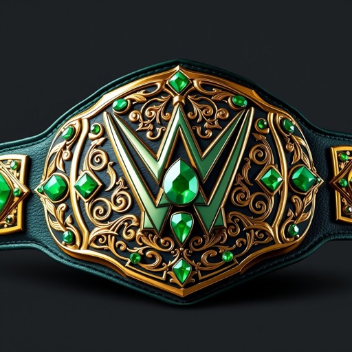 A wrestling belt showcasing Gambit, Season 1 Champion. Luxurious leather, deep green strap, edgy shield plate design. Radiant gold plate contrasts with intricate patterns, embellished with sparkling emerald gemstones. Extra-large size evokes power and prestige. Realistic art style captures the essence of a champion, embodying strength and charisma in every detail.