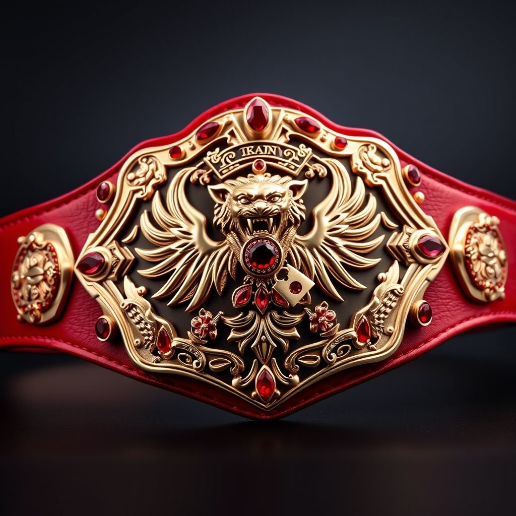 A magnificent wrestling belt featuring a luxurious leather belt material. The striking red strap contrasts beautifully with a shield-shaped plate in rose gold. Bold lion champion design, adorned with sparkling ruby gemstones, accentuates the grandeur. Phoenix crests and intricate symbols embellish the belt, creating an unforgettable, high-quality masterpiece for champions.