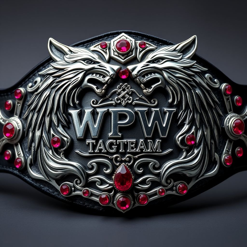 A striking wrestling belt, featuring two fierce wolves intertwined. Gleaming metal plate adorned with an edgy design, showcasing intricate gothic motifs. Bold "WPW Tagteam" text emblazoned across the center. Luxurious black strap complements dazzling ruby gemstones, radiant against the contrasting metal. An adult-sized masterpiece of strength and artistry.
