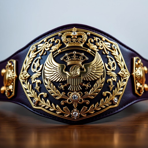 A magnificent wrestling belt exuding grandeur. Dark purple leather strap envelops a polished, oversized main plate. Intricate gold plates adorned with eagles and laurel motifs. Crown crests and symbols elegantly interlace within the design. Sparkling diamond gemstones accentuate the craftsmanship. Vintage aesthetic, boasting an impressive, regal presence, perfect for champions. 