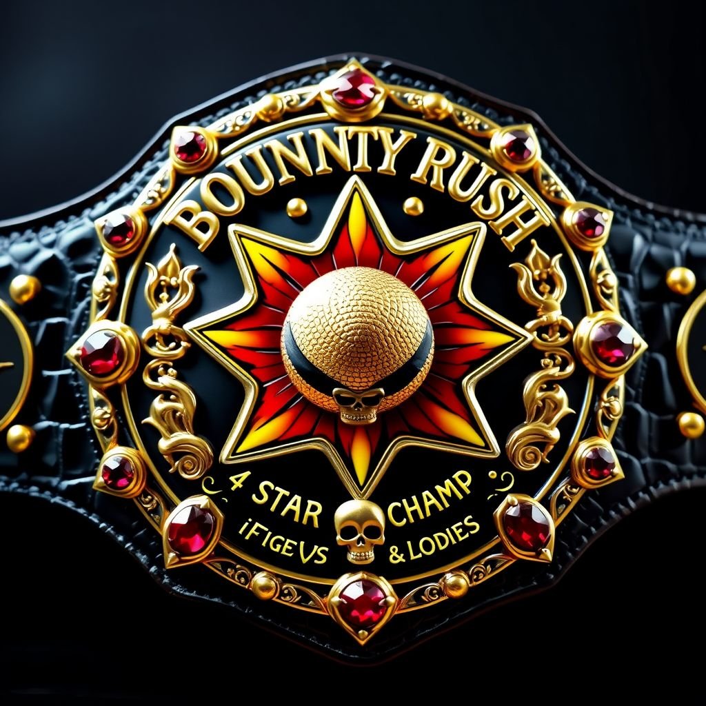 A luxurious wrestling belt, alligator skin material, shimmering gold accents. At the center, a strawhat radiates charm, surrounded by a star-shaped plate in vibrant multicolor. Above, "One Piece Bounty Rush" in bold letters; below, "4 Star VS Champ iFeedYouLead." Ruby gemstones glimmer, skull crests and surreal designs embellish this champion's masterpiece.