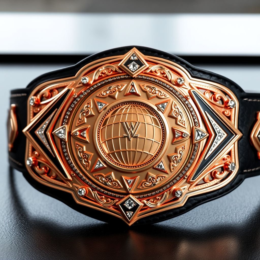 A lavish wrestling belt gleams prominently, featuring a striking rose gold main plate adorned with intricate triangle designs and sparkling diamond gemstones. The black leather strap provides bold contrast, while a globe champion design centralizes the artistry. Hammered crests and symbols enhance the regal appearance, embodying prestige and competitive spirit.