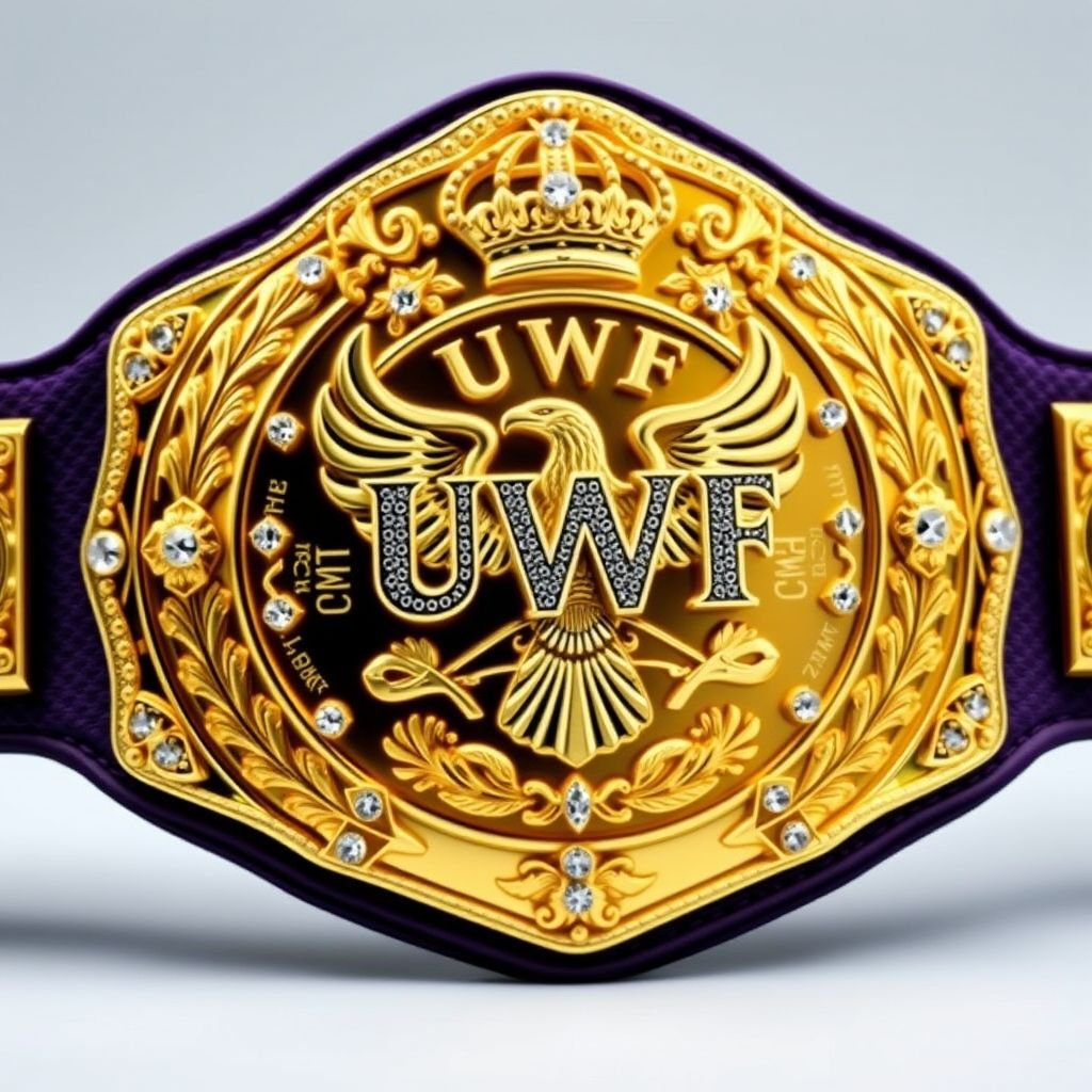 A majestic UWF World Heavyweight Championship wrestling belt, dark purple strap, lavish vintage plate design, gleaming gold main plate featuring intricate eagle and laurel motifs, elegant crown crests, rich gold color with no gaps. Dazzling diamond gemstones adorn its surface, amplifying the grand size, embodying strength and prestige in every detail.