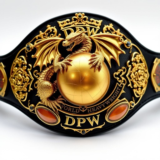 A dazzling wrestling belt, adorned with a golden dragon, fiercely clutching a shimmering globe. The DPW World Heavyweight title proudly displayed. A striking metal belt material, featuring an elegant black strap. Oval-shaped gold plates, intricately designed in gothic art style, embellished with agate gemstones, crowned with majestic crests and symbols. Adult size.
