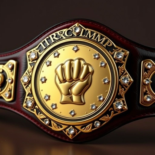 A luxurious wrestling belt, RTR CHAMPION prominently displayed. Rich leather material, deep black strap encasing a circular gold-engraved plate. Elegant design featuring a fist champion motif, adorned with sparkling diamond gemstones. Extra large size emphasized, highlighting the absence of crests or symbols. Realistic art style, showcasing craftsmanship and grandeur.