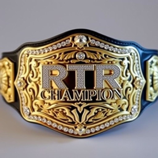 A dazzling wrestling belt, glimmering with a lustrous gold plate, showcasing an intricately designed surface. Bold "RTR CHAMPION" engraving dominates the center. A luxurious black leather strap, impeccably crafted, cradles the stunning plate adorned with sparkling diamond gemstones. The overall size is extra large, exuding an aura of unmatched prestige and excellence.