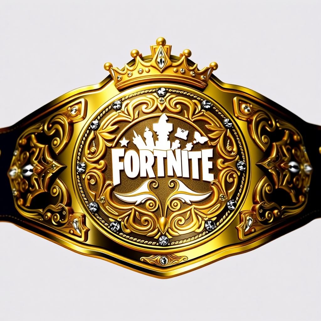 A championship wrestling belt shines with a glossy, metallic gold finish. Intricate side plates feature a regal crown design, embellished with sparkling gemstones. The center displays the iconic Fortnite emblem, surrounded by ornate filigree. Black leather straps offer contrast, adding a touch of elegance to this undisputed title symbolizing supreme victory.