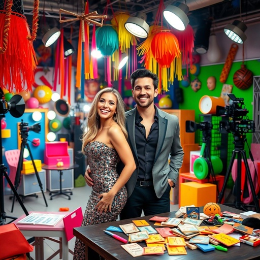 A vibrant studio filled with colorful props, bright lights illuminating a playful atmosphere. Laughter echoing, cameras capturing every moment. A glamorous woman in a sequined dress, confident stance, radiant smile. A handsome man beside her, charming demeanor, stylish attire. Hilarious skits scattered on a nearby table, creativity bursting everywhere.