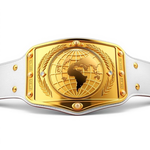A grand wrestling belt, the embodiment of achievement. Thick white leather strap cradles a striking gold rectangular plate, polished to perfection. The surface boasts a detailed globe champion design, representing unity and strength. No gemstones adorn this masterpiece. A bold, modern aesthetic radiates prestige, ideal for the outercontinental champion.
