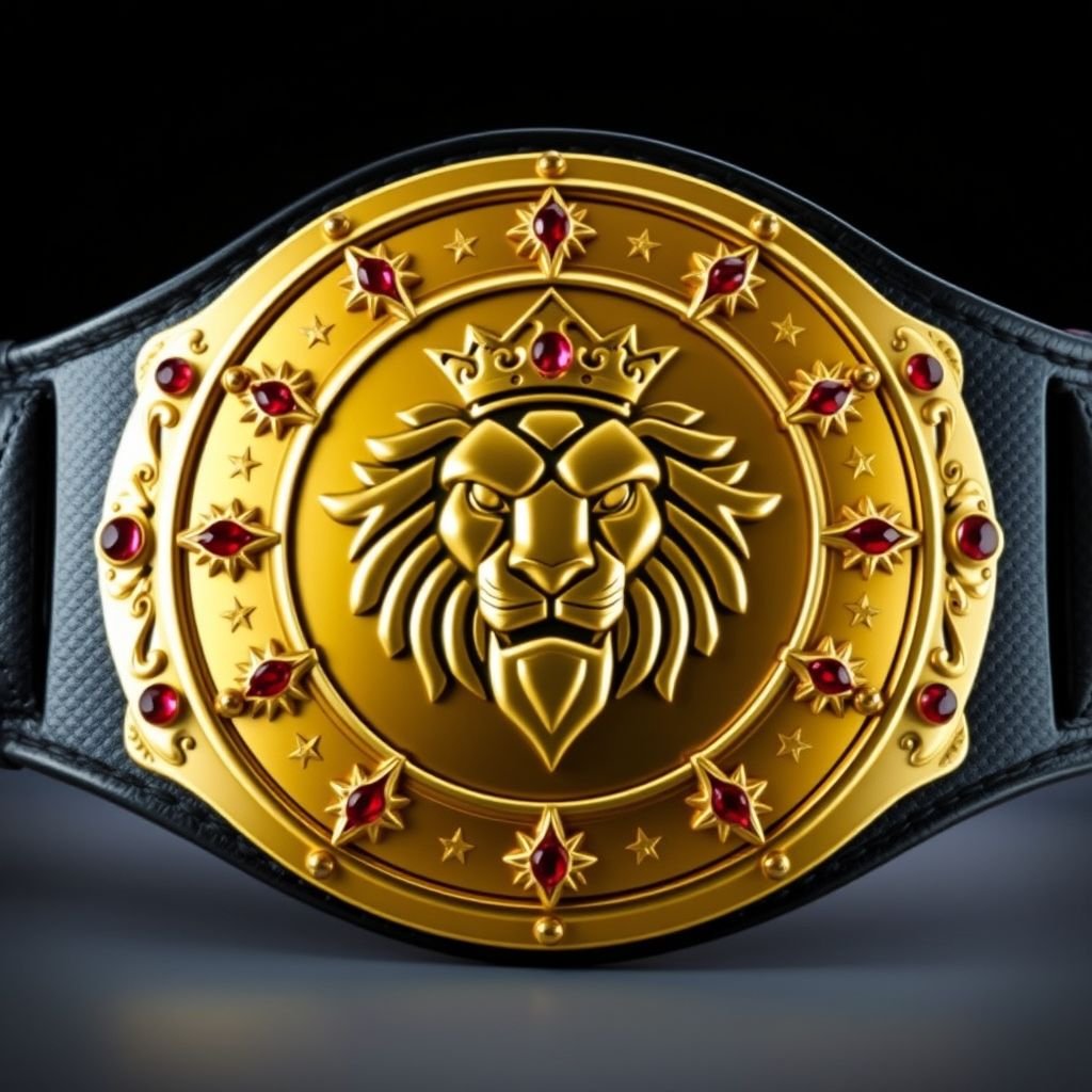 A grand wrestling belt showcases a prominent Worms video game logo. Elegant black leather strap, sleek minimalistic circular plate design. Lustrous gold surface adorned with a regal lion champion motif, sparkling ruby gemstones embedded. Star crests and intricate symbols accentuate the plate's size, radiating prestige and victory in a stunning realistic art style.