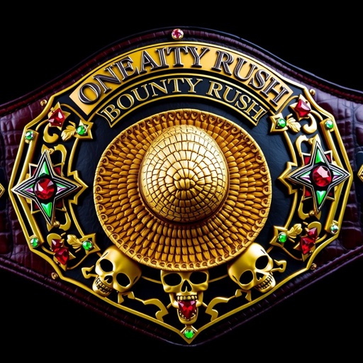 Wrestling belt, centered straw hat from "One Piece," “One Piece Bounty Rush” inscribed above. “4 Star VS Champ iFeedYouLead” below, alligator skin texture, luxurious gold plate design. Strap in vibrant colors, star-shaped plates adorned with multicolored hues, realistic art style showcasing belt champion essence, ruby gemstones, prominent skull crests and symbols.