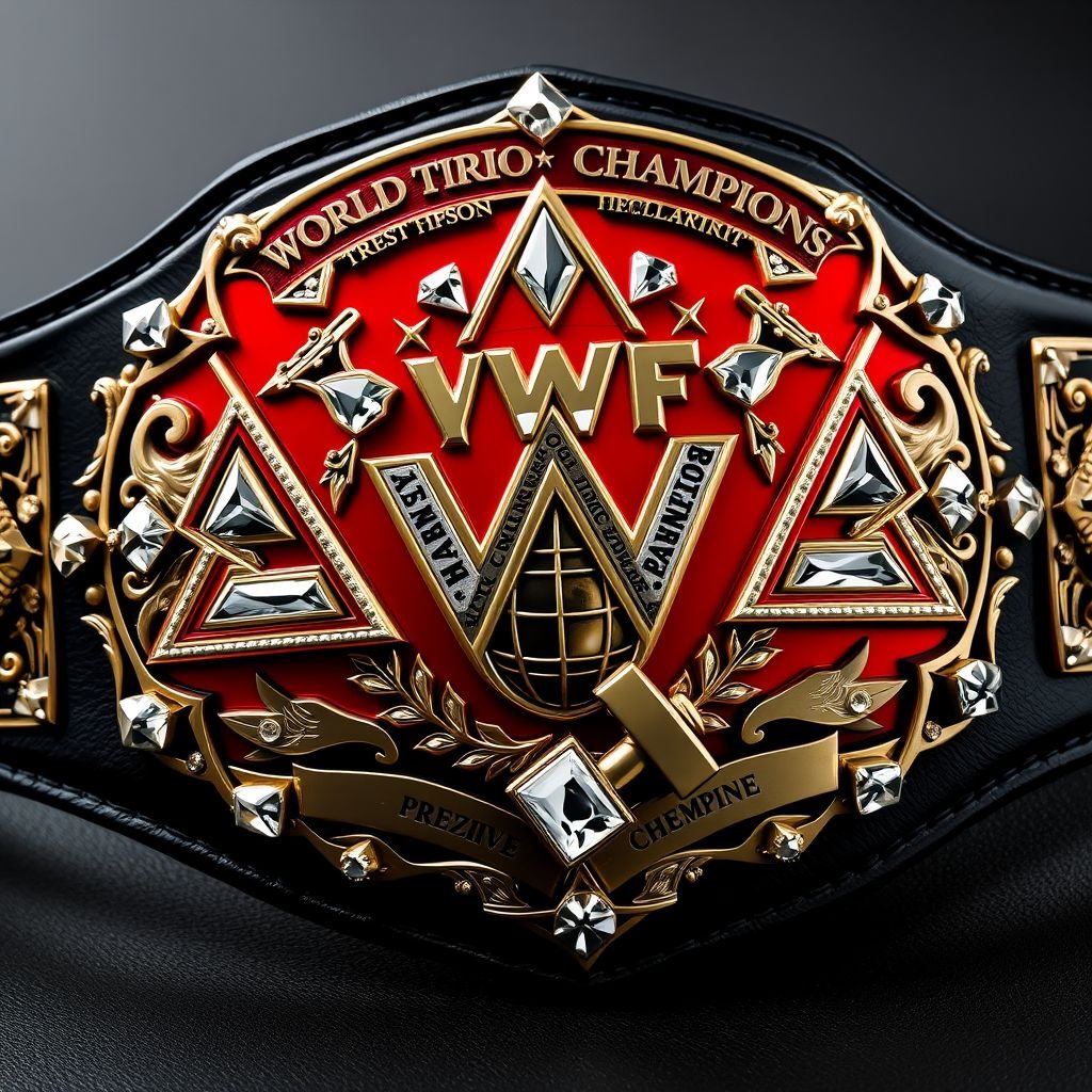 A wrestling belt adorned with the VWF World Trios Championships emblem, featuring elaborate triangle motifs and shimmering triangle gems. Luxurious black leather contrasts with a vibrant red plate, intricately shaped. Diamond gemstones sparkle amidst powerful crests and symbols. A globe champion design showcases prestige, alongside a hefty hammer, symbolizing strength and dominance.