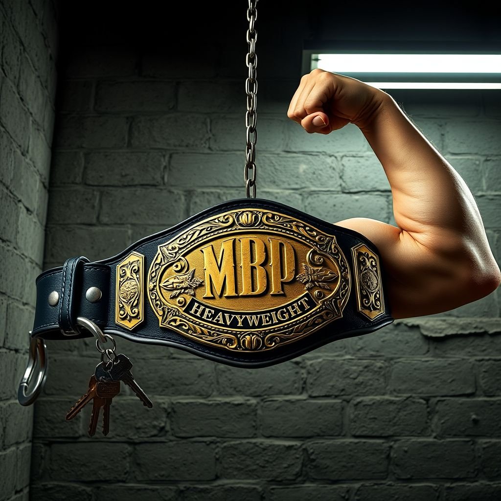 A vintage wrestling belt displayed against a gritty prison wall. Handcuffs hang loosely nearby, keys glinting under harsh fluorescent light. A flexing arm showcases strength, muscles taut. The MBP HEAVYWEIGHT insignia embossed on an oval gold plate, intricate designs, a black leather strap underlining its rugged beauty. Realistic textures dominate.