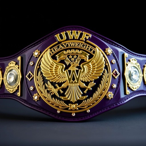 A UWF World Heavyweight Championship wrestling belt, boasting a dark purple leather strap. A large, intricate gold metal main plate gleams with no gaps, featuring intricately designed eagles and laurel motifs. Crown crests and symbols adorn the edges, while diamond gemstones sparkle, adding a touch of grandeur to this vintage masterpiece.