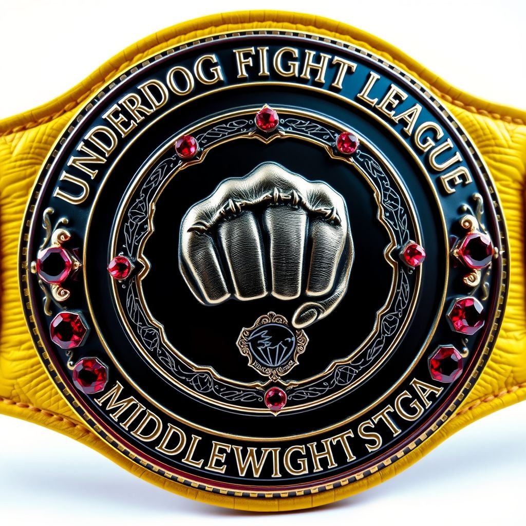 A majestic wrestling championship belt, emblazoned with "Underdog Fight League" and "Middleweight Champion". Luxurious leather texture, vibrant yellow strap. A prominent circular plate with intricate engraved details showcasing a distinguished fist design. Ruby gemstones glimmering, accentuating grand size. Simple elegance prevails, with no crests or additional symbols, emphasizing pure championship status.