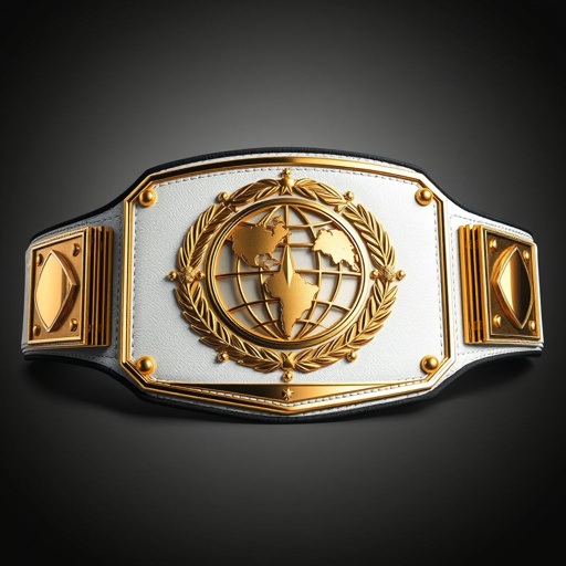A striking wrestling belt, RTR OuterContinental, crafted from luxurious leather. A pristine white strap contrasts with a bold, rectangular gold plate. The modern design features a globe champion emblem, capturing the essence of victory. Realistic art style showcases intricate details, emphasizing size and elegance, devoid of symbols or gemstones, pure and powerful.