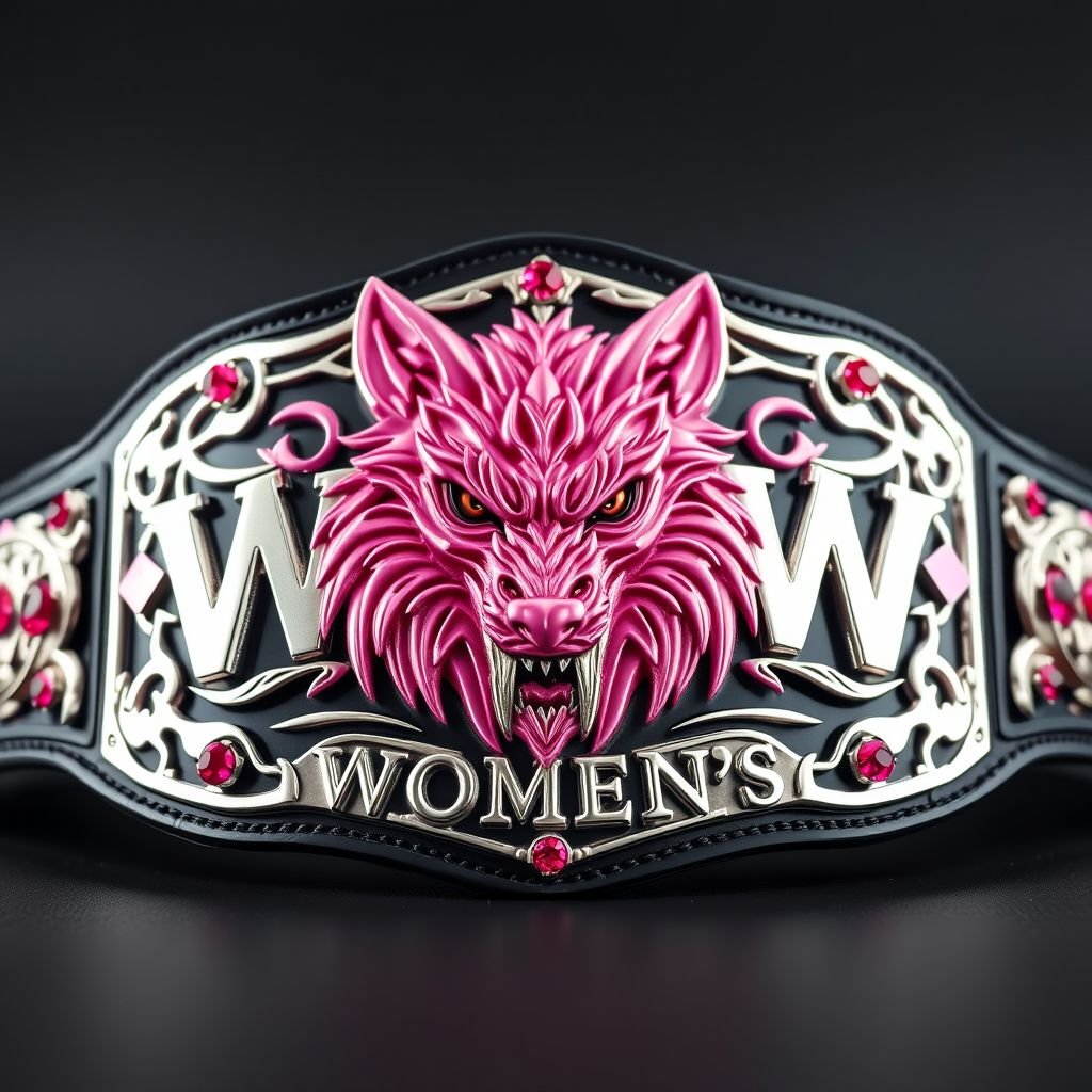 A striking wrestling belt featuring a fierce pink wolf motif. The WPW Women's text boldly displayed. Crafted from shiny metal, the belt showcases an edgy plate design adorned with intricate gothic patterns. A glossy black strap complements the dramatic aesthetic, while sparkling ruby gemstones add a touch of opulence to the adult-size accessory.