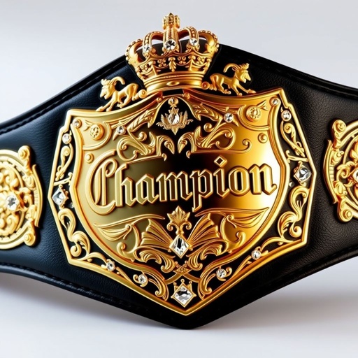 A luxurious wrestling belt, crafted from rich black leather, showcases a classic shield-shaped plate. The gleaming gold plate glimmers with intricate engravings, bold "Champion" text, and radiant diamond gemstones nestled within its borders. Crowning crests and symbols add regal flair, reflecting a triumphant essence, perfect for an adult-sized champion.
