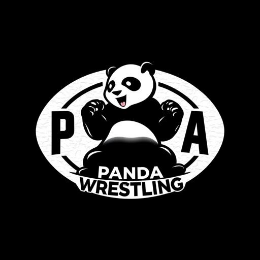 Broadcaster logo design for PANDA Wrestling, sleek and modern visual style. Black and white color scheme, custom emblem shape featuring a stylized panda in a wrestling stance. Paper texture background adds depth, while subtle satellite iconography suggests broadcasting. Professional brand tone, appealing to a vibrant teen audience, energetic and dynamic feel.