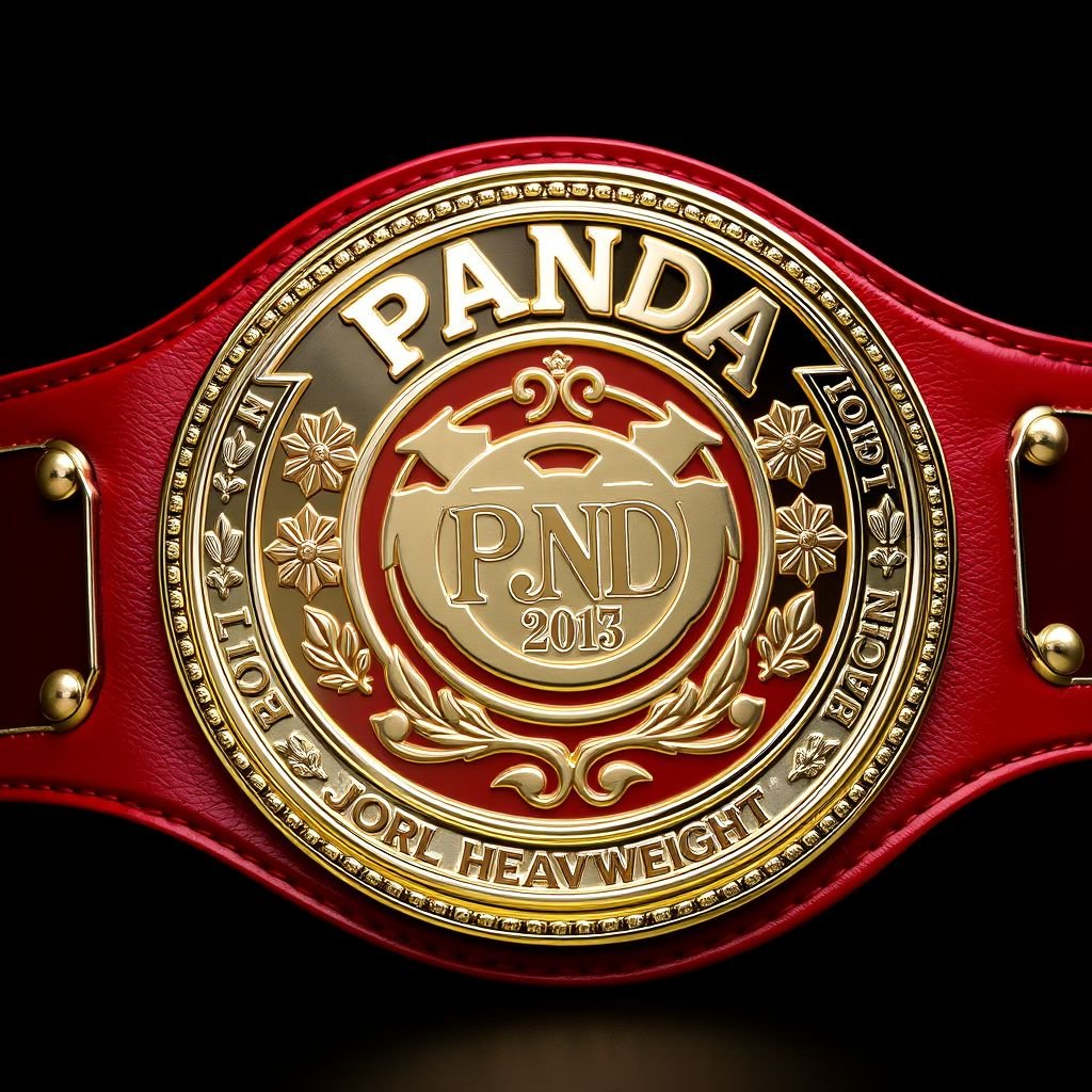 A striking wrestling belt featuring the PANDA World Junior Heavyweight emblem. Luxurious leather material forms the foundation, with a vibrant red strap that highlights elegance and power. The classic circular plate showcases a gleaming gold finish, intricate designs embossed, and symbols of strength, embodying the spirit of fierce competition and honor.