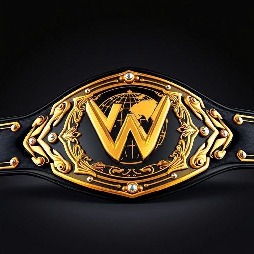 A wrestling belt prominently displayed, glimmering in metal. Classic plate design featuring ornate embellishments and a diamond plate shape. Rich black strap contrasting with a shiny gold plate, adorned with a globe champion motif. Cartoonish art style enhances playful charm, emphasizing the adult size and prestigious aura of the championship belt.