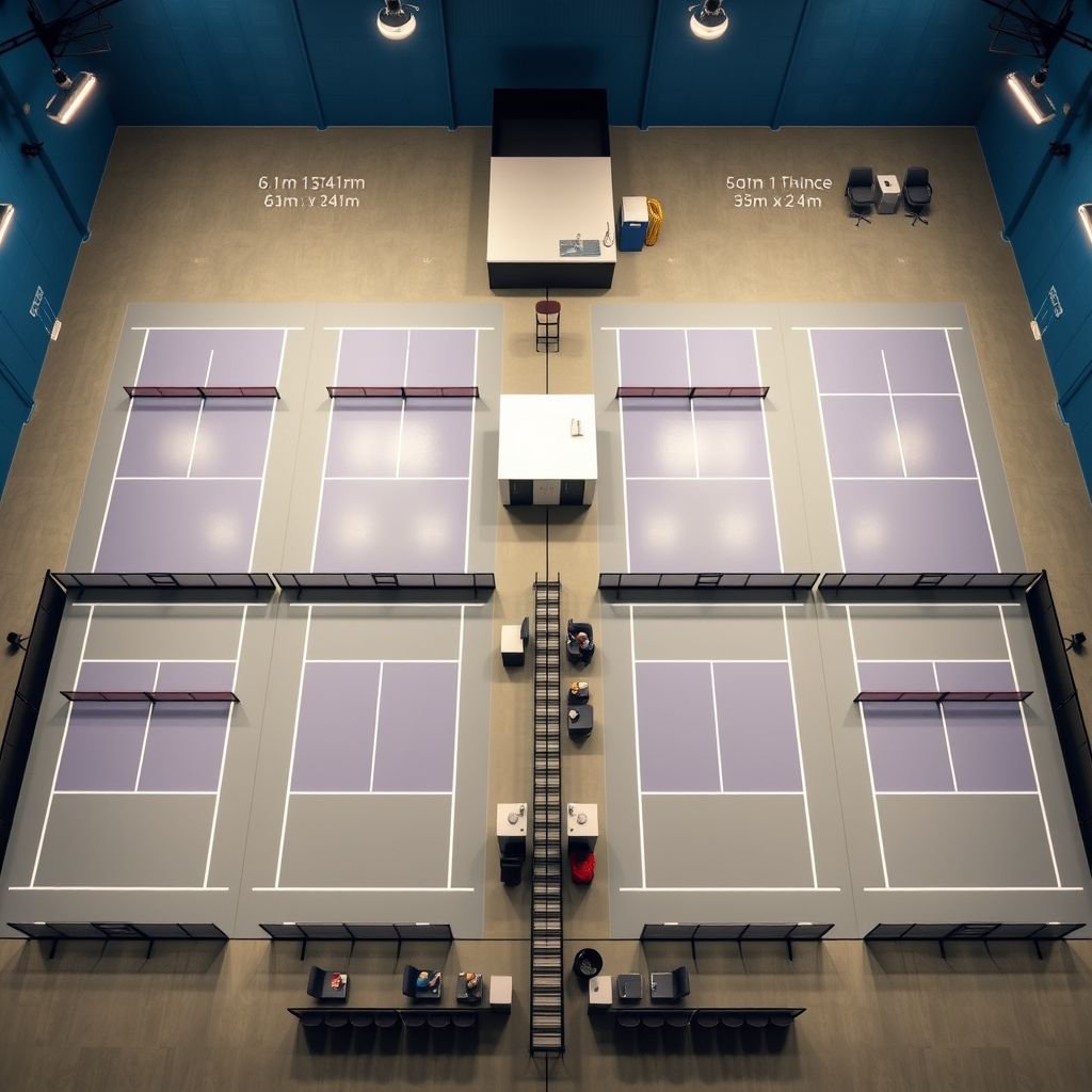 Aerial view of an indoor pickleball facility, five standard courts in parallel alignment, each 6.1m x 13.41m, spacious 2m gaps between courts. To the side, men's and women's changing rooms, sleek design, each 4m x 5m. Adjacent restrooms, stylish, each 2.5m x 3m. Central waiting area, comfortable, 5m x 6m. Reception area, inviting, 3m x 4m. Clear access pathways, logical flow, vibrant colors, energy and excitement.