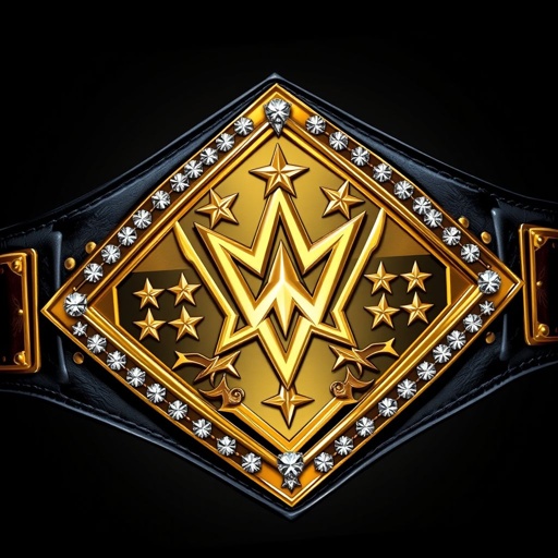 A prestigious light heavyweight champion wrestling belt, exuding power and style. Leather strap in deep black contrasts sharply with a striking gold diamond-shaped plate. Edgy, intricate designs feature star crests and symbolic motifs. Sparkling diamond gemstones encircle the plate, adding elegance. Realistic art style captures every detail, showcasing the belt’s allure.