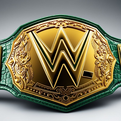 A gleaming WWE wrestling belt, adorned with intricate gold embossed details. Alligator skin texture on the surface, rough yet luxurious. The strap, a vibrant green, contrasts beautifully with the metallic plates. Modern design elements showcase champion insignias, reflecting light in a dazzling display. Realistic art style evokes a sense of authenticity.