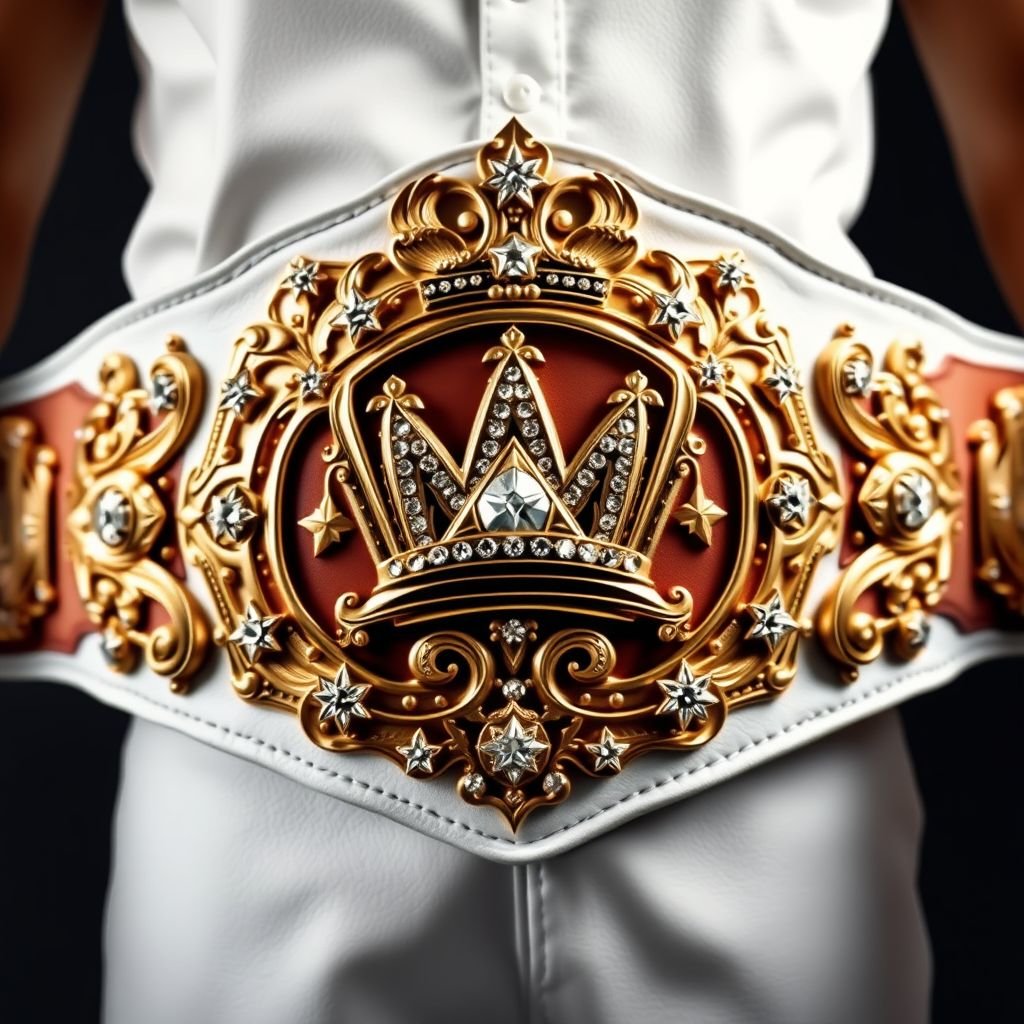 A magnificent wrestling belt, crafted from rich leather, featuring a striking white strap. The intricate plate boasts an elaborate, regal shape, adorned with a polished gold finish. Crown champion design, embellished with sparkling diamond gemstones, surrounded by gleaming star crests and symbols. An opulent accessory, representing strength, victory, and prestige.