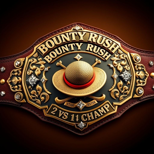 A bold wrestling belt, crafted from rich leather, exuding a deep brown hue. At its center, a detailed straw hat emblem from “One Piece.” Above, the iconic phrase “One Piece Bounty Rush” arches gracefully, while “2 Star 1 vs 1 Champ” sits below. Elaborate engraved plates, glimmering bronze, adorned with sparkling rhinestone gemstones, capture the eye. Star crests and symbols, intricately designed, embellish the shield plate shape, enhancing the belt's champion aesthetic. A striking, realistic art style brings this masterpiece alive, celebrating the thrill of competition and adventure.