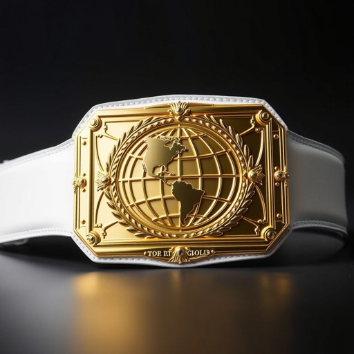 A striking RTR OuterContinental wrestling belt glimmers with a bold gold rectangular plate, polished to perfection. A pure white leather strap encircles a majestic design, showcasing a globe champion motif. The extra-large size commands attention, exuding a modern elegance, devoid of gemstones, crests, or symbols, emphasizing its classic, clean lines.