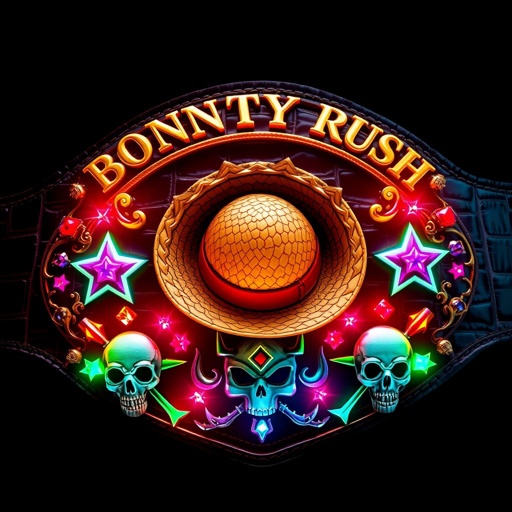 A luxurious alligator skin wrestling belt, rich in texture, adorned with a stunning straw hat from "One Piece" at its center. Golden letters arch above: “One Piece Bounty Rush,” while below, “4 Star VS Champ iFeedYouLead” gleams in radiant hues. Surrealist motifs enhance vibrant, multicolored plates featuring striking star shapes, accented by sparkling ruby gemstones and fierce skull crests.