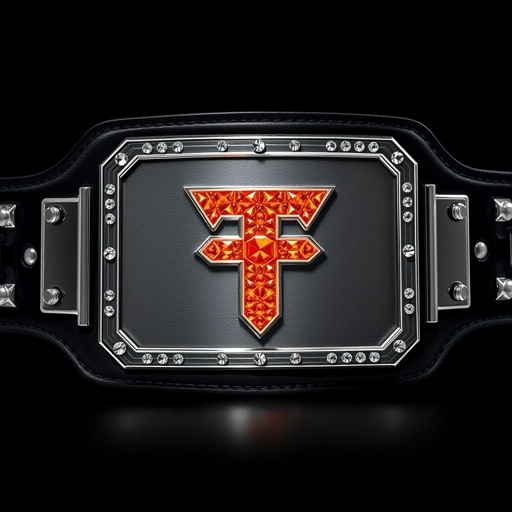 A wrestling belt featuring a central rectangular plate, engraved checkerboard patterns, glimmering under lights. A vibrant orange Power T logo made of radiant, shiny diamonds holds a sleek silver border, contrasting against polished black plates stacked for depth. A sturdy black strap adds elegance, all within a dynamic cubist art style.