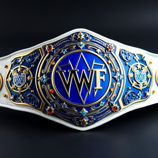 A magnificent wrestling belt, the VWF Universal World Championship, showcases a grand blue centerpiece, surrounded by ornate engravings. Each side plate glimmers in navy blue, accentuated by multicolored gems—red, white, yellow. An elegant white leather strap complements a striking royal blue metal finish, adorned with shining star crests and intricate globe designs.