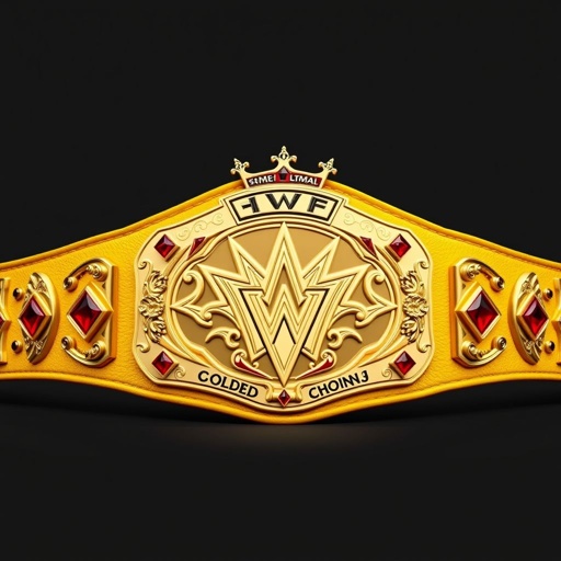 A prestigious wrestling belt, the VWF Universal Ultimate Golden Sovereign Championship, showcases a grand design. A rich leather strap in vibrant yellow, adorned with a luxurious gold plate. The main plate, intricately shaped, gleams with red diamonds. Minor black and red engravings enhance elegance. Crown crests and symbols add regal flair, embodying glory.