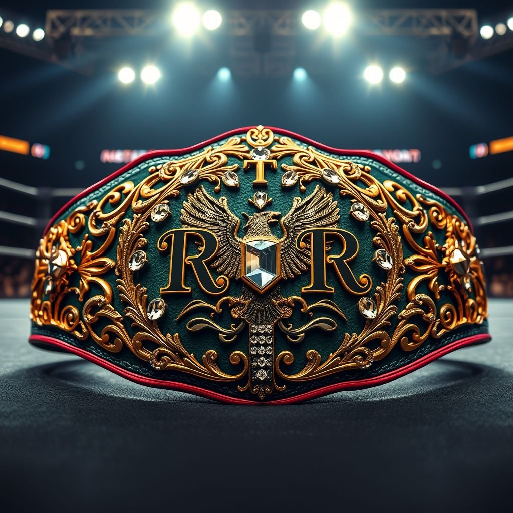 A gleaming wrestling belt, the RTR Outercontinental Champion title, adorned with intricate gold filigree designs. Deep emerald leather background, reflecting prestige and strength. Large, sparkling gemstones embellishing the center plate, catching light. Engraved initials and a fierce eagle emblem. A backdrop of a wrestling ring, illuminated under bright arena lights.