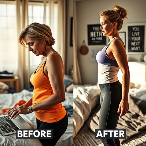 **Before Image Prompt:**
A middle-aged fit woman, side profile, slouching posture accentuated. Concentrated expression, facing laptop with a focused gaze. Sportswear outfit—bright tank top, fitted leggings. Messy bed in the background, casual bedroom decor. Afternoon light filtering through curtains, creating a warm, inviting atmosphere. A snapshot of daily life, realistic portrayal.
**After Image Prompt:**
Same middle-aged fit woman, side profile, standing upright with improved posture. Confident expression, focused gaze now relaxed and open. Stylish sportswear—matching top and bottoms. Bedroom background, tidy with motivational decor. Afternoon sunlight enhancing the scene, casting soft shadows, exuding a sense of accomplishment and transformation.