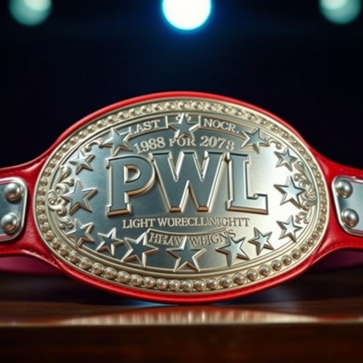 A dazzling vintage wrestling belt, PWL World Light Heavyweight, adorned with a bright red leather strap. The oval-shaped silver plate gleams under lights, featuring playful cartoonish designs. Bold star champion motifs embellished across the plate, radiating a sense of triumph and allure. Nostalgic flair encapsulated in every detailed stitch and shine.