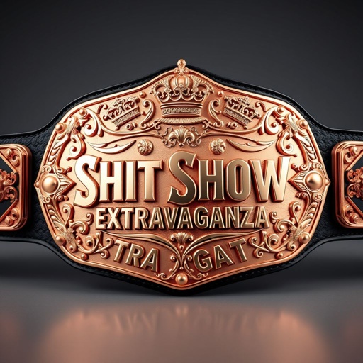 A grand wrestling title belt featuring an opulent, oval-shaped main plate. Rose gold shines luxuriously, reflecting intricate designs. Bold lettering reads "Shit Show Extravaganza" in striking fonts. Decorated with ornate crown crests and unique symbols, the extra-large plate commands attention, exuding an aura of prestige and excitement, in realistic artistry.