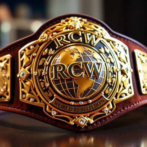 A majestic wrestling belt, the RCW World Rebellion emblem shining brightly. Suede belt material with a rich texture. A black strap, sleek and bold. An intricately shaped engraved plate, gold glimmers under light. A globe champion design, accentuated by sparkling diamond gemstones, radiating prestige and achievement. Opulent, inspiring, vibrant.
