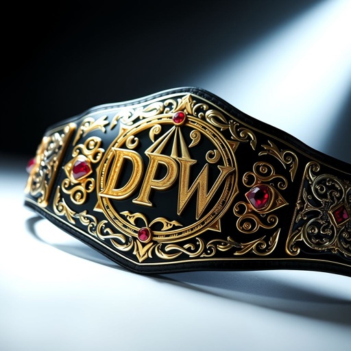 A gleaming wrestling belt, gold DPW logo prominently displayed at the center. Metal belt material shines under spotlight, engraved plate design intricate and detailed. Black plate color contrasts sharply with gothic art style, swirling patterns and sharp edges. Ruby gemstones glimmer like fierce eyes, adding a striking finish to the adult-sized accessory.