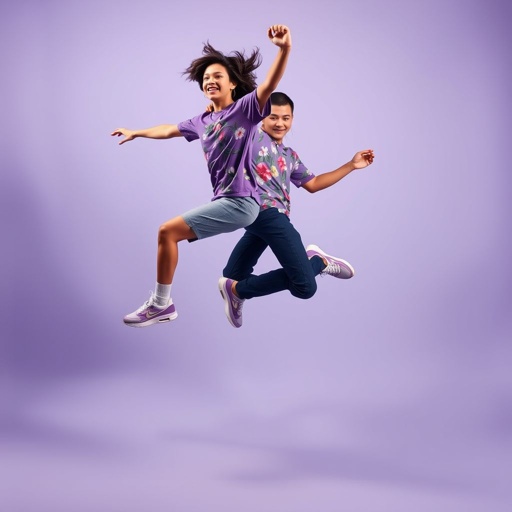 Apparel, Full-body editorial fashion photograph of a female and male model mid-jump, wearing a relaxed-fit, purple cotton T-shirt with a vibrant floral pattern, paired with Nike Air Max sneakers. Shot in a professional studio with a soft lavender backdrop, rim light emphasizing highlights. Ultra-realistic details, crisp textures on fabric and shoes, styled like a high-fashion campaign. Photographed with a Canon EOS R5 and a 50mm lens, delivering depth, clarity, photorealism. --ar 4:5 --v 7 --q 2