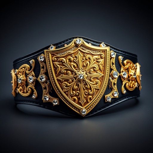A luxurious wrestling belt featuring a striking black leather strap, embellished with a classic shield-shaped plate. The gold plate gleams with intricate gothic art designs, exuding an air of grandeur. Surrounding the casket, cubic zirconia gemstones twinkle like stars, enhancing the opulent atmosphere, creating a captivating and dramatic centerpiece.