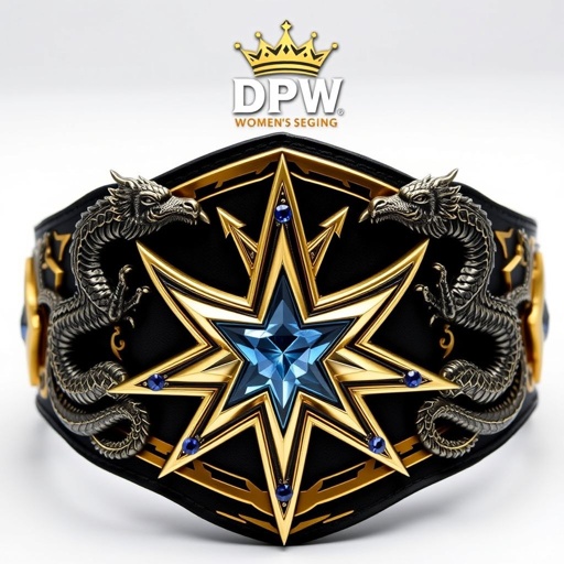 A fierce wrestling belt, adorned with intricate gothic art styles and sharp, edgy plate designs. Female dragons entwined around a black strap, showcasing a gleaming gold star-shaped plate. Sapphire gemstones embedded within crisscrossed star crests, a regal crown champion design glints in the light. DPW women’s logo prominently displayed. Adult size elegance.