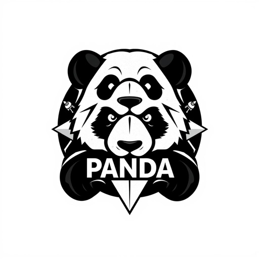PANDA Wrestling logo design. Bold, modern emblem featuring a stylized panda silhouette. Intricate geometric patterns evoke a sense of strength. Sharp contrasts in the black and white color scheme. Subtle paper texture adds depth. Satellite motifs integrated, symbolizing global connection. Clean lines, youthful aesthetics appealing to a teen audience. Professional appeal. 