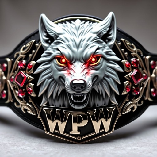 A championship wrestling belt with a stunning white wolf centerpiece, piercing red eyes glowing fiercely. Features WPW text embossed in a bold gothic font. Crafted from polished metal with an intricate, edgy plate design. Black leather strap, adorned with shimmering ruby gemstones glinting ominously. An adult-sized artifact of strength and valor.