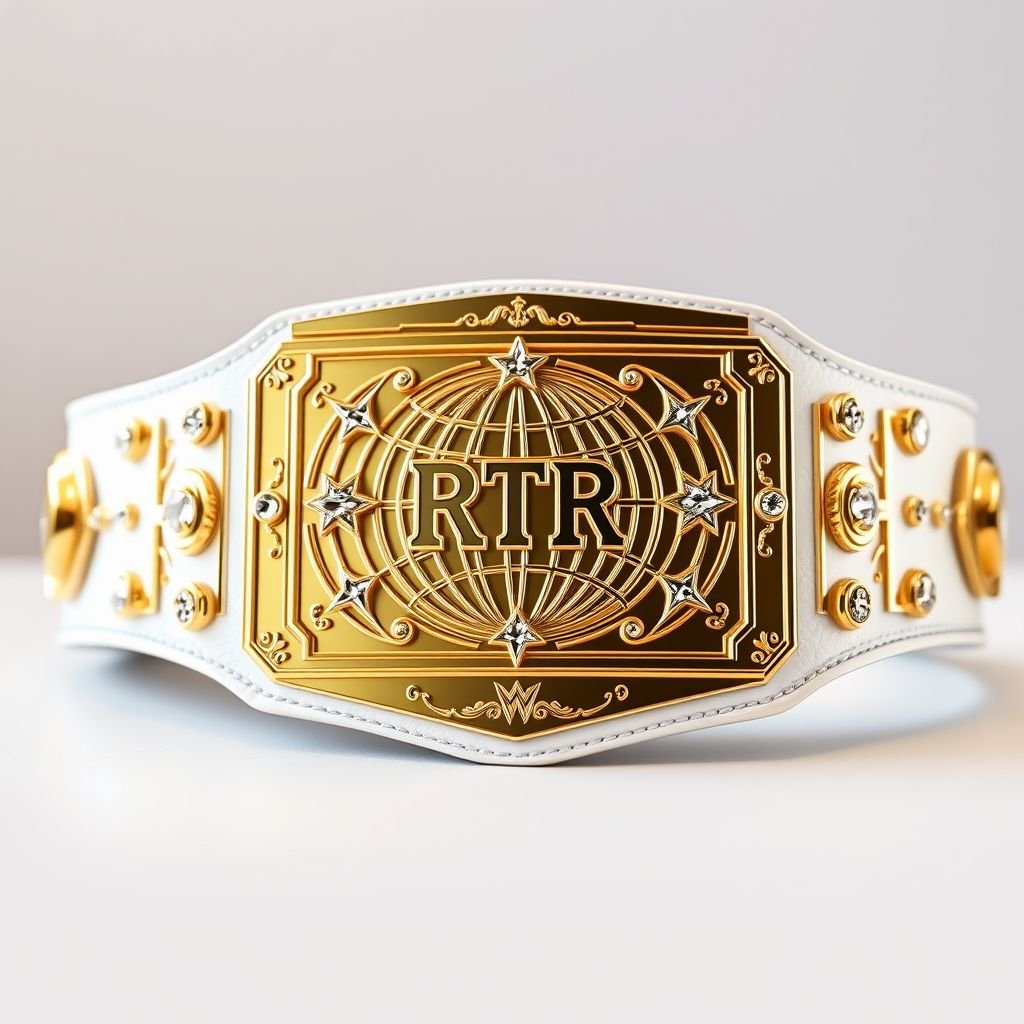 A prominent wrestling belt, the RTR Outercontinental Champion, features a luxurious leather base in pristine white. A striking rectangular gold plate dominates the center, embellished with intricate globe designs. Shimmering crystal gemstones accentuate star crests and symbols. The overall impression exudes modern elegance, befitting a grand championship distinction.
